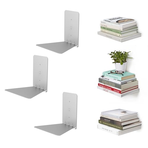 Conceal Floating Bookshelf, Metal Wall Shelf, Set of 3, Small, Silver