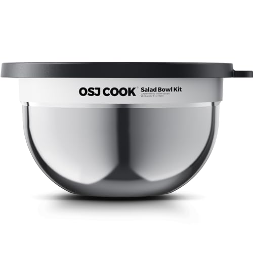 18/8 Stainless Steel Salad Bowl Kit - 74oz, Mixing Bowls with Lids Set, Teakwood - Comes with 1.7oz Condiment Container and Removable Tray for Organization - Leak-Proof, Dishwasher Safe (Silver)