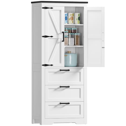 Storage Cabinet, Pantry Cabinet with 1 Adjustable Shelve & 3 Drawers, Kitchen Pantry Cabinet with 2 Doors, Bathroom Storage Cabinets, Tall Cabinet for Living Room, White