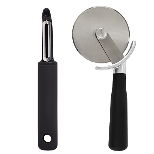 Swivel Vegetable Peeler and Pizza Cutter Wheel, Peeler is Dishwasher Safe,Pizza Cutter is Rust Resistant, Both in Black Color, 2 Item Bundle