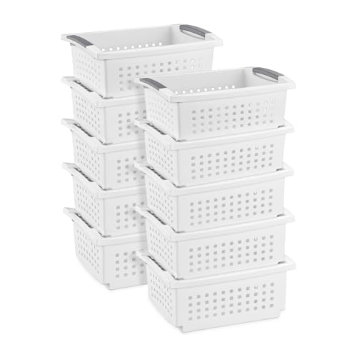 Medium Stacking Basket, Versatile Open Plastic Bin, White, 4 Pack