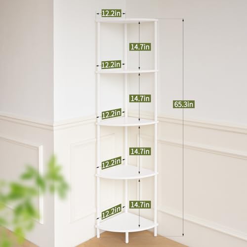 Corner Shelf Stand, 5-Tier Bookshelf, 65" Tall Shelves for Bedroom, Living Room, Narrow Display Shelf Bookcase, White Book Shelf with Display Shelves for Office - view 2