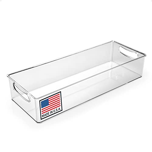 Clear Refrigerator Organizer Bin with Handles — 15 Inch Stackable Fridge and Pantry Storage Container for Snacks, Produce, Cans, Yogurt, Condiments, Dishwasher and Freezer Safe, Made in USA