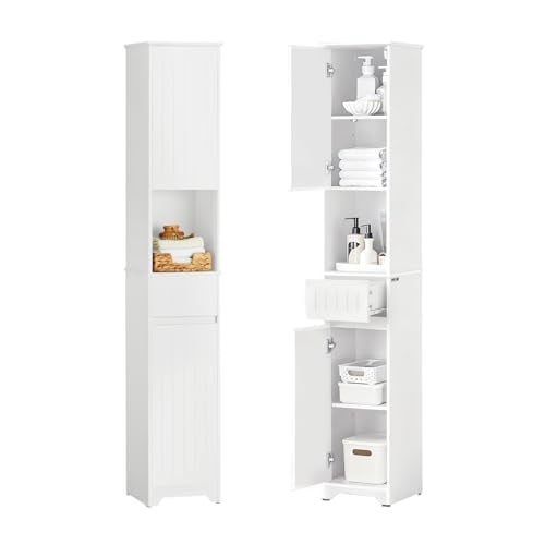 Bathroom Storage Cabinet Adjustable Shelves, Tall Narrow, White