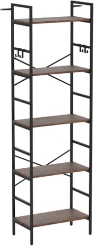 5 Tier Bookshelf, 5 Tier Bookshelves, Home Office Bookcase Shelf Storage Organizer, Industrial Narrow Bookcase, Display Standing Shelf Units, Metal Frame Display Rack with 4 Hooks Rustic Brown - view 6
