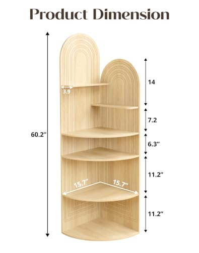 6 Tier Corner Shelf, 60.2" Arched Display Corner Bookshelf, Oak - view 2