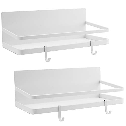 2 Pack Magnetic Spice Rack Organizer with 4 Removable Hooks, Refrigerator Storage Shelf, Single Tier Fridge Spice Rack, White