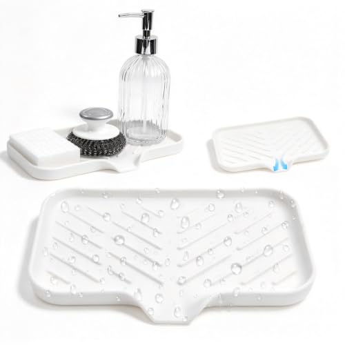 Kitchen Soap Tray, Silicone Bathroom Soap Dishes, Sponge Holder for Kitchen Sink for Bathroom Counter Sink Caddy Organizer for Dish Soap Bottle, Soap Dispenser, White - view 2