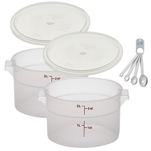 Cambro 2 Quart Round Food Storage Container, 2-Pack Translucent, with a Translucent Lid, Bundle with a Measuring Spoon Set
