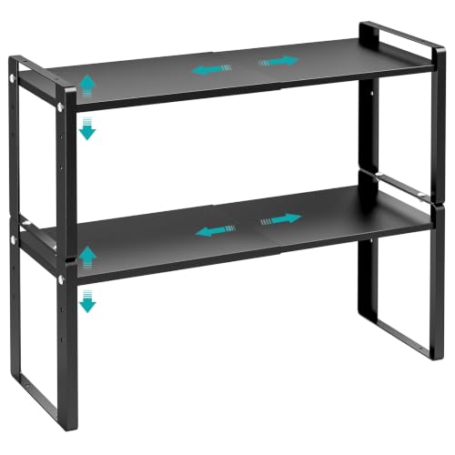 2 Pack Expandable Cabinet Organizer Shelves, 88lbs High Weight Capacity, Stackable Heavy-Duty Metal Storage Rack, Adjustable Cabinet Shelf for Kitchen, Pantry, Cupboard, Under Sink, Black