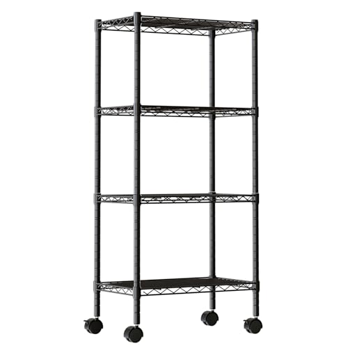Industrial 4 Level Grid Storage Rack ，Mobile Metallic Shelving System with Lockable Wheels， Multi-Purpose Cabinet for Workshop, Culinary Space, Storeroom, Washroom & Restroom Black