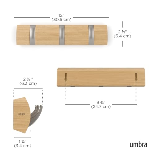 Flip Wall-Mounted Coat Rack with 3 Hooks – Modern, Space-Saving Storage for Hats, Jackets, Bags, Entryway, Mudroom, Closet, Bathroom, Bedroom – Natural/Nickel (Pack of 3) - view 3