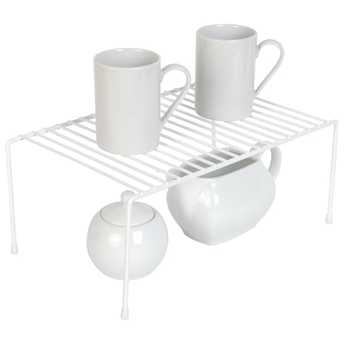 Cabinet Storage Shelf Rack - Medium (8.5 x 13.25 Inch) - Steel Metal Wire - Cupboard, Plate, Dish, Counter & Pantry Organizer Organization - Kitchen [White]