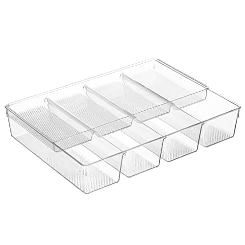 Plastic Kitchen Drawer Organizer Tray Set - Horizontal Storage Bin for Organizing Cutlery, Flatware, Silverware, Utensil, and Appliances - Ligne Collection - Clear