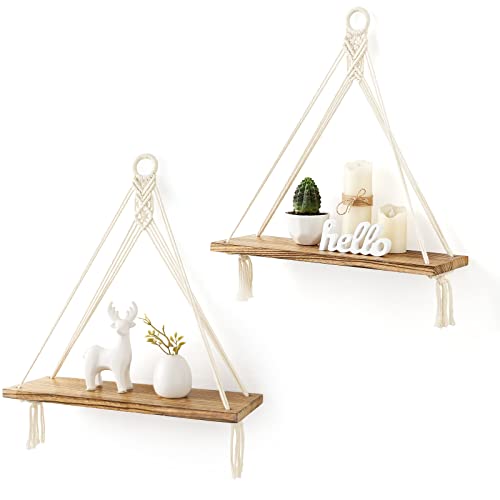 Macrame Hanging Shelves Boho Wall Decor Set of 2 Floating Wood Shelf