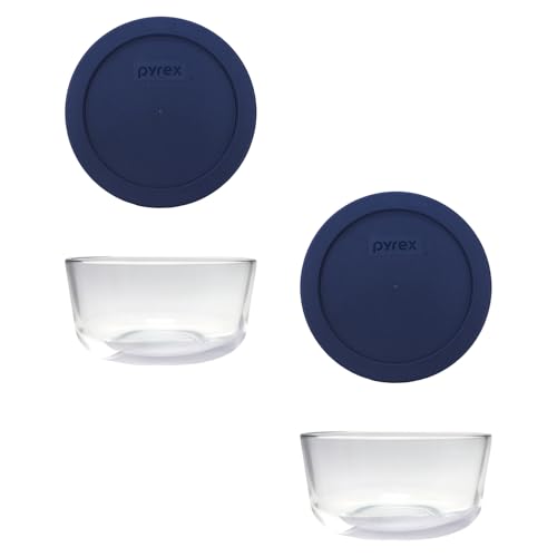 (2 7201 4-Cup Glass Bowls with (2) 7201-PC Blue Lids - Made in USA