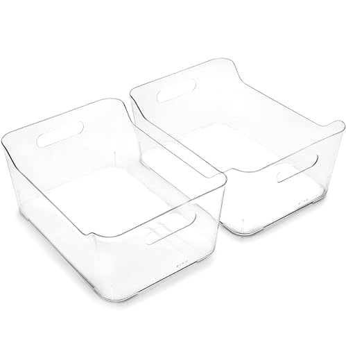 Plastic Storage Bins, Large - 2 Pack, Clear | THE SOHO COLLECTION | Pantry Organizers and Storage Containers | Fridge Organizer Bins | Kitchen Cabinet Organizer | Medicine Cabinet Bin