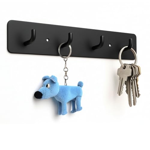 Key Holder Wall Mount, Key Rack with 4 Hooks for Wall/Door Mounted Metal Keys Rail Hanger, 2 Installation Options Self Adhesive or Screws, Black