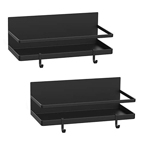 Magnetic Spice Rack, Strong Magnetic Shelf with 2 Removable Hooks, Perfect Space Saver for Small Kitchen/ Apartment, Awesome Metal Cabinet for Holding Spices, Jars, Bottle, Beve(Black, 2Pack)