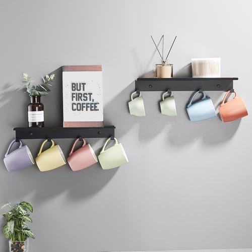 Mug Holder Wall Mounted, Set of 2 Tea Cup Rack, Floating Shelf with 4 Hooks for Coffee Bar Accessories, Kitchen Office Home Storage Decor Display Collection Organizer, Metal Hanging Hanger - view 2