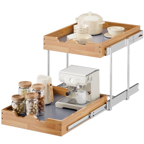 2 Tier Pull Out Cabinet Organizer (17"W x 21"D), Double Tier Slide out Wood Drawer Shelf, Pull Out Shelves for Base Cabinet Organization in Kitchen, Pantry, Bathroom