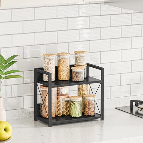 Kitchen Counter Shelf, 2 Tier Kitchen Spice Rack Organizer for Countertop, Wood Coffee Bar Organizer for Home (Black, S) - view 4