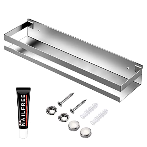 Rustproof Metal Storage Floating Shelves Wall Mounted Rectangular Shelf for Bedroom,Bathroom, Living Room, Kitchen, and Laundry Room,Nail-Free Wall-Mounted Shelves（15.75 Inch Silver）
