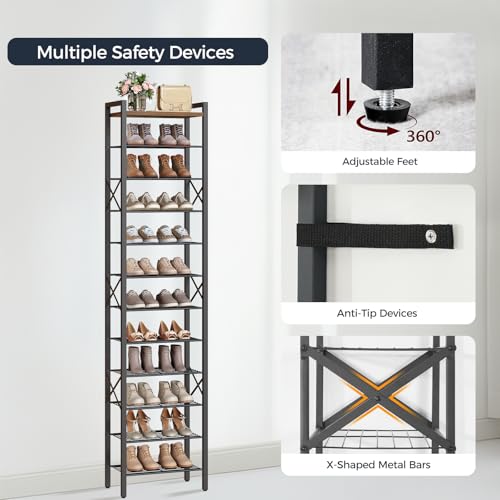 12-Tier Narrow Shoe Rack, Tall Shoe Rack for 12-24 Pairs, Slim Shoe Storage Organizer with Wooden Top, Space Saving, Metal Frame, for Entryway, Rustic Brown and Black SS61BR - view 6