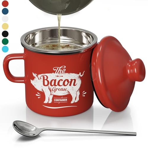 Bacon Grease Container with Strainer-15OZ Enamel Saver, Dishwasher Safe