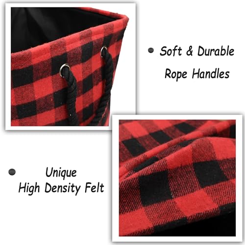 Large Rectangular Foldable Storage Laundry Baskets with Cotton Rope Handles Nursery Soft Felt Fabric Bins Delicate Home Organizer Solution, Red Black Grid, L - view 4