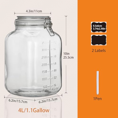 1.1 Gallon Large Glass Food Storage Jars with Airtight Lids,Set of 2 Square Wide Mouth Airtight Glass Storage Container,135oz Kitchen Mason Jar with Measurement Mark,for Flour Sugar Canning. - view 3