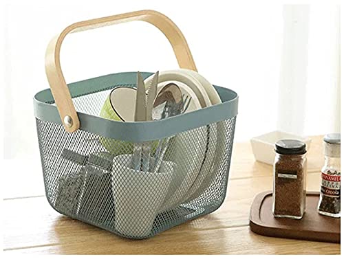 Metal Mesh Steel Basket, Storage Organizer Basket Multi-functional Hanging Kitchen Baskets Fruit Basket Bin with Bamboo Handle for Kitchen Bathroom Picnic Shopping Decor Cabinet Home, Blue - view 6