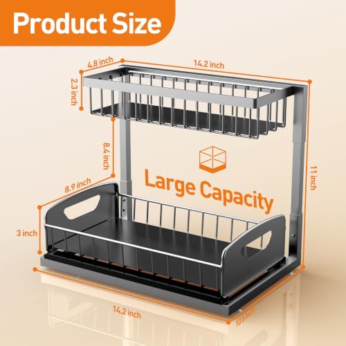 Under Kitchen Sink Organizer, Metal Pull Out Bathroom Organizers and Storage, 2-Tier Cabinet Organizer Shelf with Sliding Drawer, Home Organization for Kitchen, Laundry, Pantry, Dark Grey, 2 pack - view 2