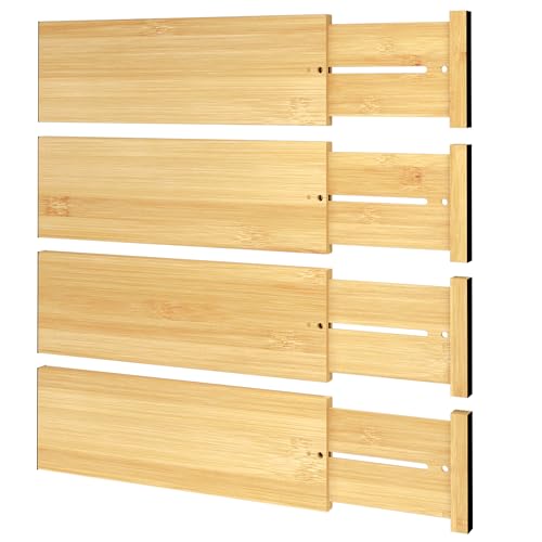 Bamboo Expandable Drawer Dividers – Fits 12.2"–17" Drawers, 4" Extra Deep Walls, Set of 4 | Tall Spring-Loaded Separator for Baby Dresser, Sock Drawer & Bathroom Cabinet