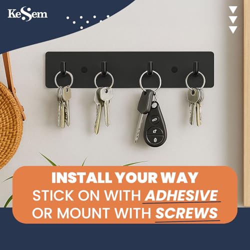 Key Holder Wall Mount, Key Rack with 4 Hooks for Wall/Door Mounted Metal Keys Rail Hanger, 2 Installation Options Self Adhesive or Screws, Black - view 5
