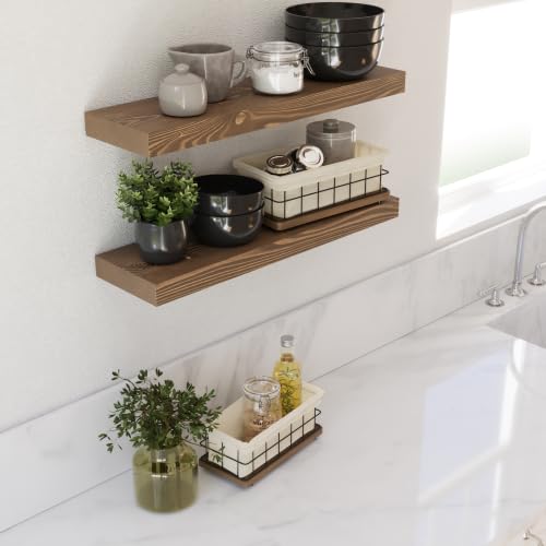 Bundle - 2 Items: Wood and Wire Baskets with Floating Shelves for Bathroom Decor, Toilet Paper Storage, Living Room Bedroom and Kitchen - view 2