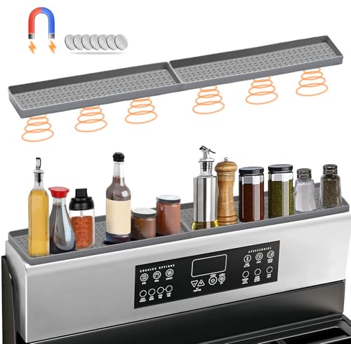30" Magnetic Stove Top Shelf Spice Rack Storage, Silicone Top Heat Material Stove Rack Shelf Flexible Seasoning Organizer Kitchen Shelves Gadgets with 2 Functional Prtitions for Kitchen （Grey）