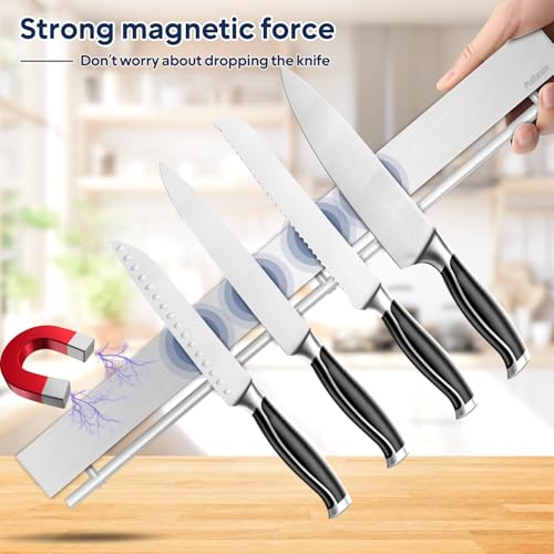 20 inch magnetic knife holder with 10 hooks, no drilling knife magnetic strip, and utensil hanger for wall. Powerful knife magnet rack includes tape and screw - view 4