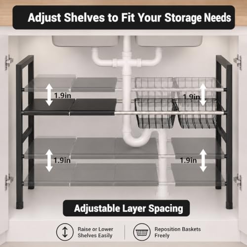 Expandable Under Sink Organizer, 2 Tier Under Sink Shelf, Height Adjustment, Under Sink Shelves with 3 Removable Baskets and 3 Removable Panels for Bathroom Kitchen Pantry Cabit black 21.65in - view 5