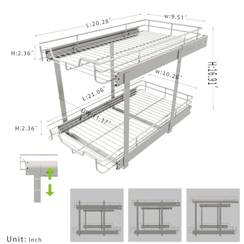 Pull Out Cabinet Organizer 11.5" W x 21" D, 2-Tier Kitchen Cabinet Pullout Shelf and Drawer Organizer Slide Out Pantry Storage Basket, 10.2" W x 21" D x 2.4" H for Bottom Basket Size - view 3