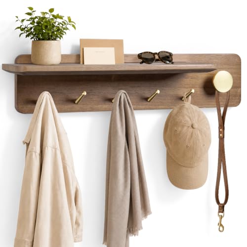 Coat Rack Wall Mount with Shelf, Solid Wood, 5 Brass Hooks, Brown
