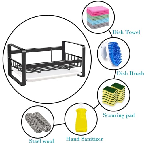 Kitchen Sink Caddy Sponge Holder Organizer, Sink Tray Drainer Rack, Soap Dish Dispenser Brush Holder Storage Accessories - Countertop or Adhesive Wall Mount, Matte Black Stainless Steel - view 4