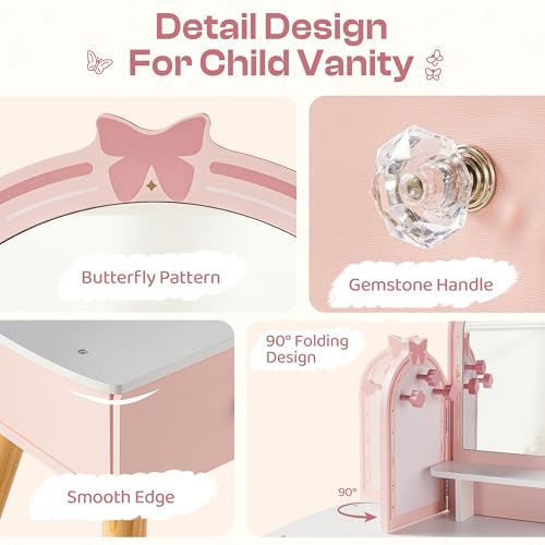 Pink Kids Vanity Set with Butterfly Mirror Stool Age 3+, 39in×27in - view 5