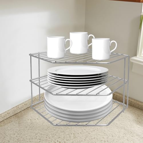 3-Tier Corner Shelf Counter and Cabinet Organizer - Steel Metal Wire - Rust Resistant - Plates, Dishes, Cabinet & Pantry Organizer - Kitchen Organization (10 x 7.5 Inch) (Chrome) - view 2