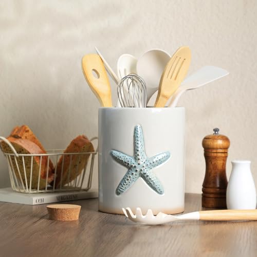 Ceramic Starfish Embossed Utensil Holder, Large Cooking Utensil Crocks for Countertop, Ocean Style Utensil Organizer for Spatula - view 5