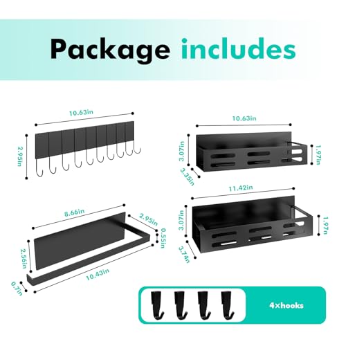 4 Pack Magnetic Spice Rack for Refrigerator with 4-Hook Rack and Paper Towel Holder, Black Magnetic Shelf and Fridge Kitchen Cabinet Organizers Storage Seasoning Organization Mini Shelves. - view 2