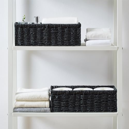 Wicker Storage Basket, Paper Rope Wicker Baskets with Handles, Toilet Paper Basket for Toilet Tank Top, Small Wicke Baskets for Organizing Shelves, 2-Pack, Black - view 6