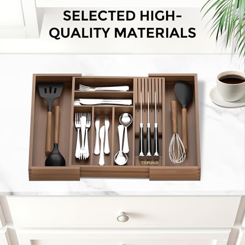 Expandable Bamboo Silverware Organizer with Knife Block, Brown - view 4