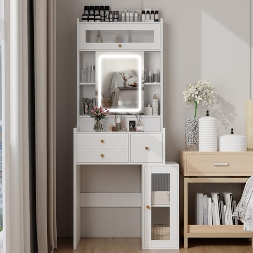 White Mini Vanity Desk with Sliding Mirror Lights and 5 Drawers - view 5