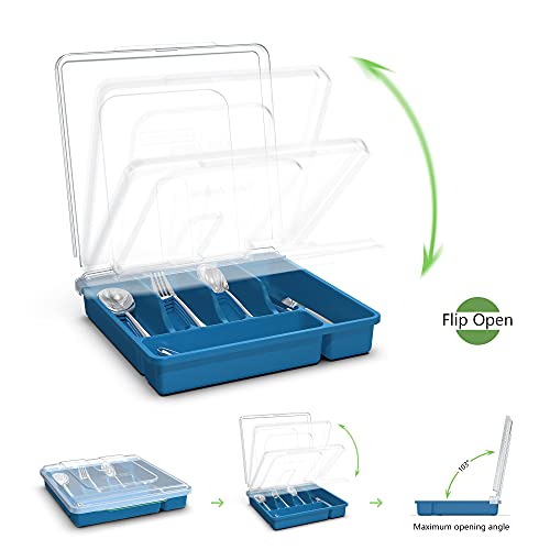 𝐅𝐥𝐚𝐭𝐰𝐚𝐫𝐞 𝐎𝐫𝐠𝐚𝐧𝐳𝐢𝐞𝐫 𝐰𝐢𝐭𝐡 𝐋𝐢𝐝, Plastic Silverware Tray for Drawer, 5 Compartments Utensil Holder for Countertop, Navy Blue - view 2